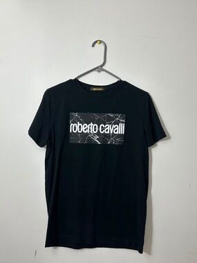 Roberto Cavalli Black Tee with White Logo Marble Panel